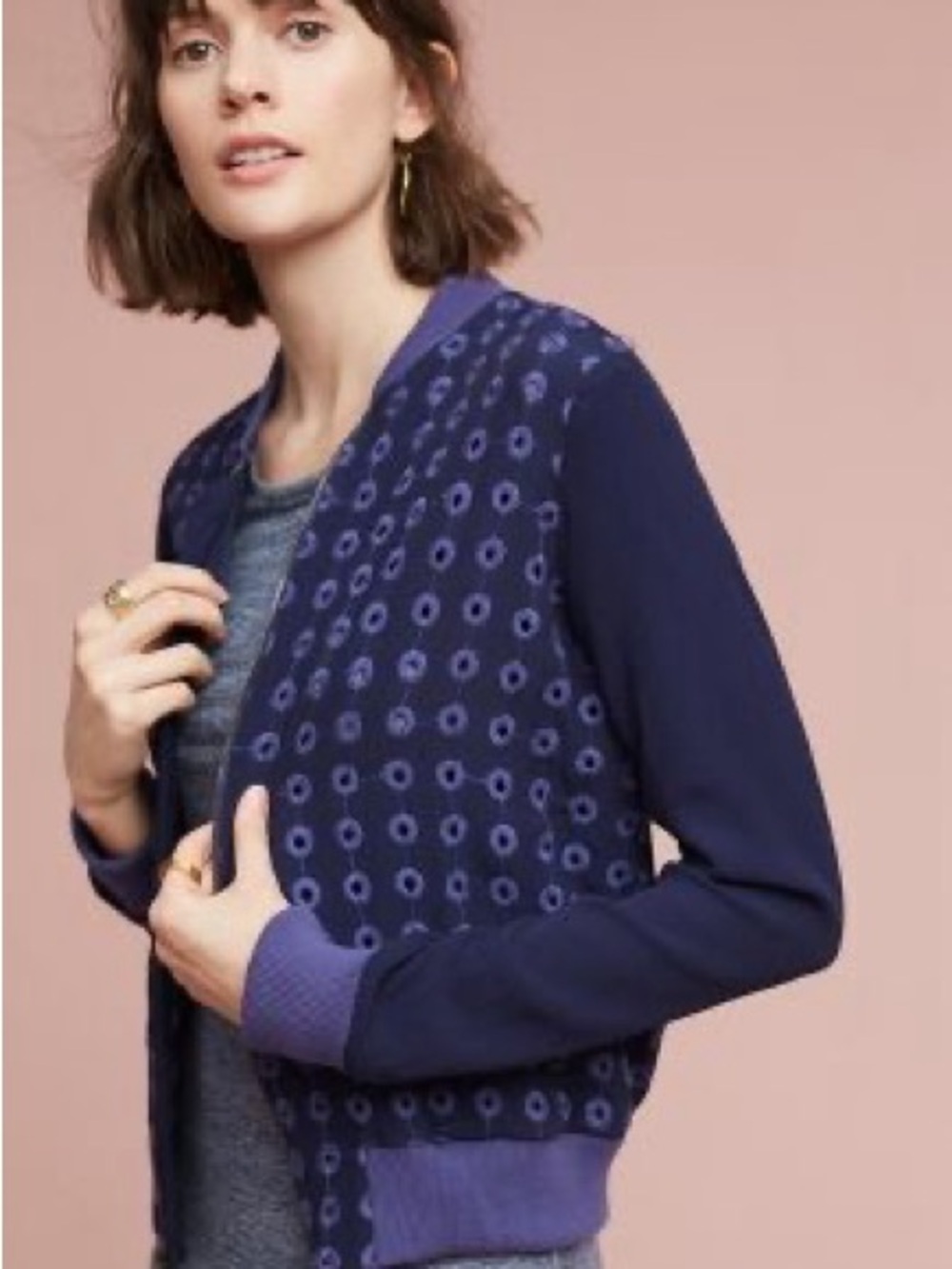 Anthropologie Navy and Periwinkle Patterned Bomber Jacket